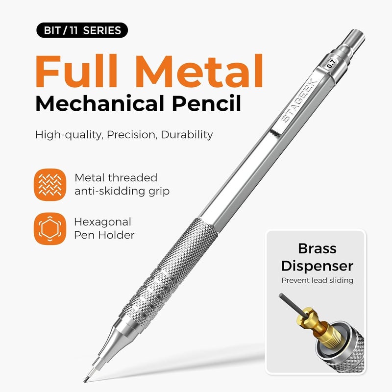 STAGEEK 35Pcs Art Mechanical Pencil Set with Case, 0.5 0.7 0.9 2.0 Graphite Metal Drawing Drafting Pencils, Sharpener Erasers 384PCS Lead Refills (6B 4B 2B HB 2H 4H Colors)Pencils for Writing Sketching,Silver - Image 2